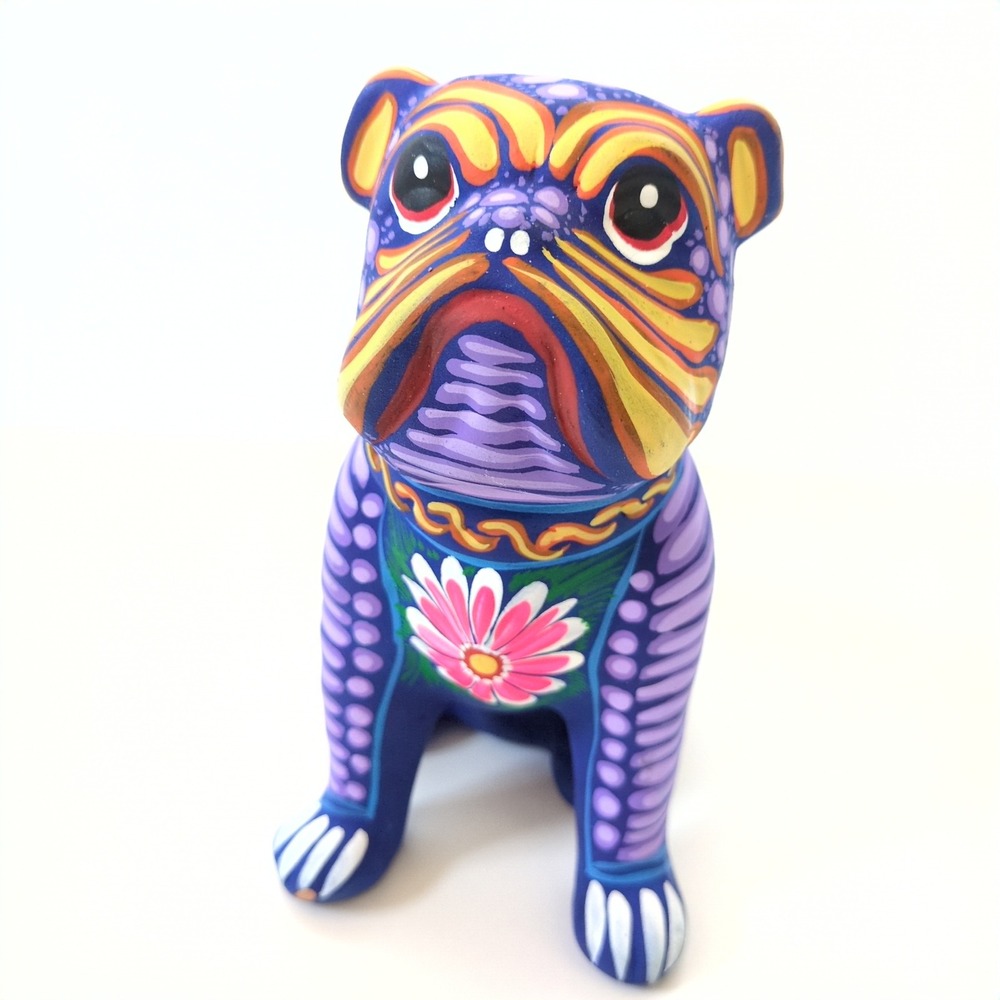 Mexican Folk Art Bulldog Alebrije Style Hand Painted Oaxacan Floral 8" VTG Decor - Picture 2 of 9
